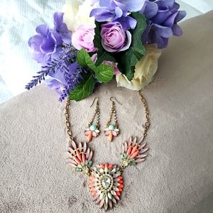 Pink, Orange, Teal, Gold Necklace & Earrings